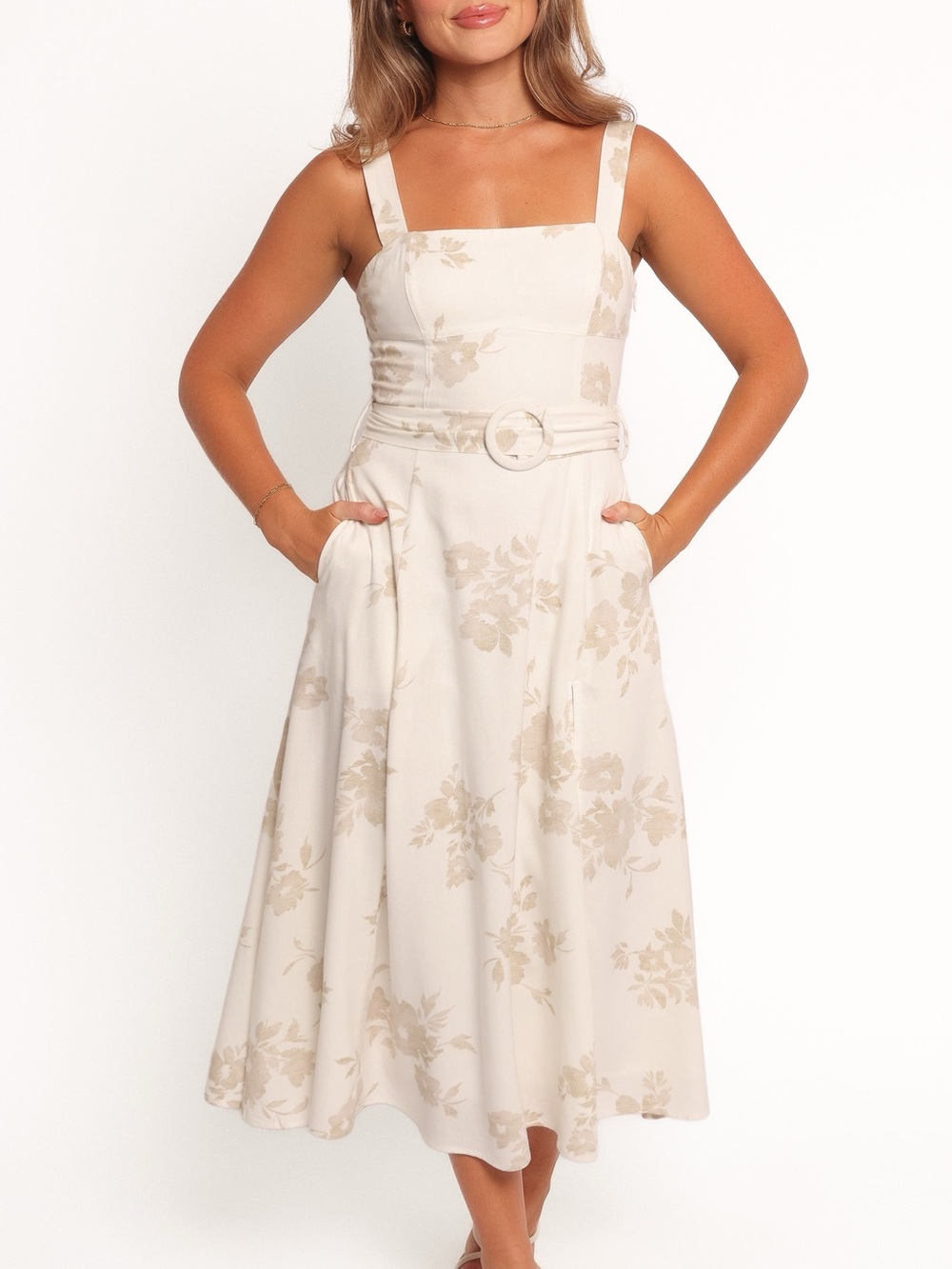 NWOT Dress Forum Floral Belted Midi Sundress White / Beige Size Medium